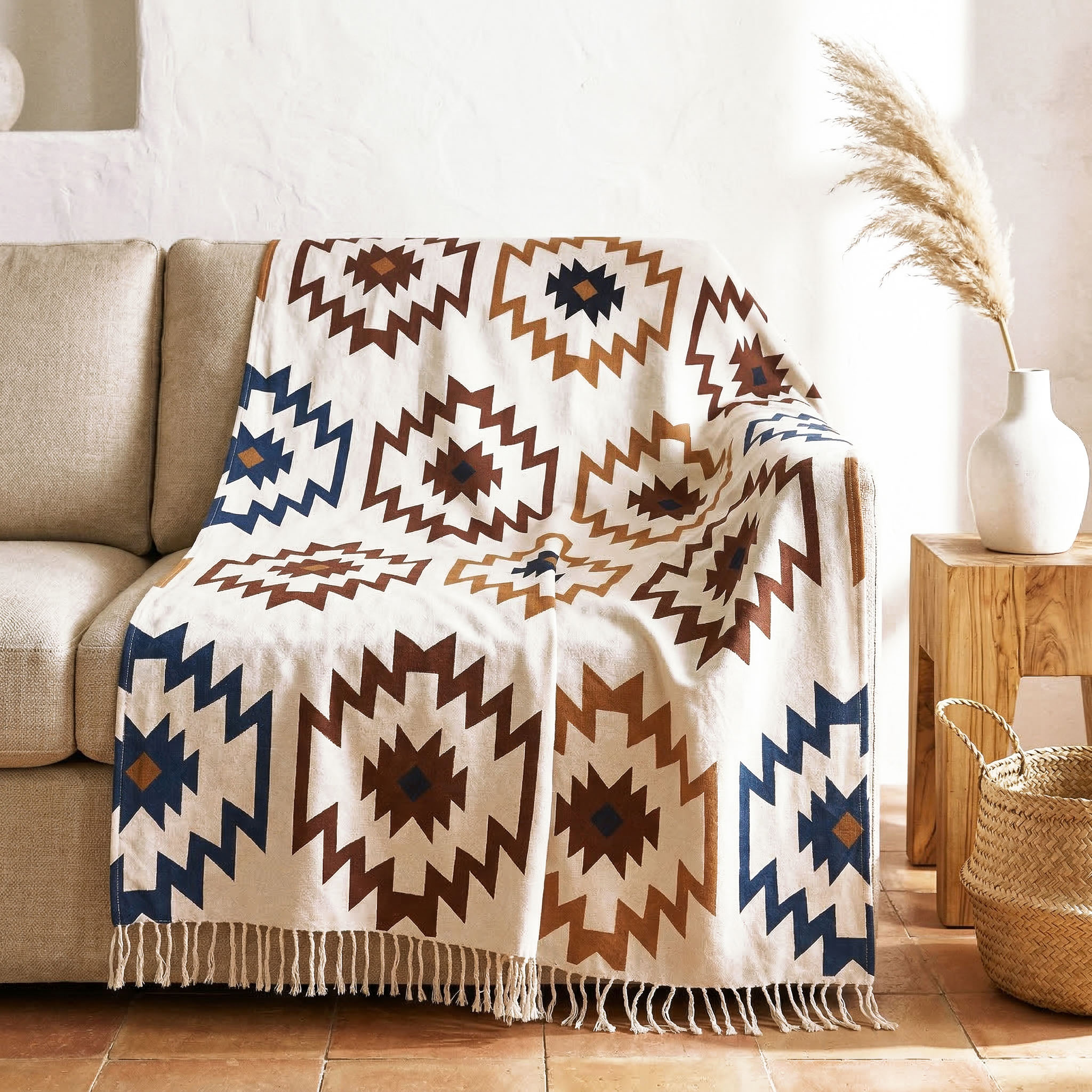 COTTON THROW BOHO BLUE/CAMEL ΔΙΘΕΣΙΟ 170Χ230
